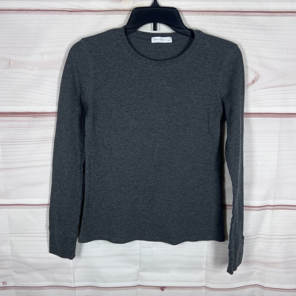 Active Basic Top Women Large Charcoal Gray T-Shirt Waffle Knit Long Sleeve Slim